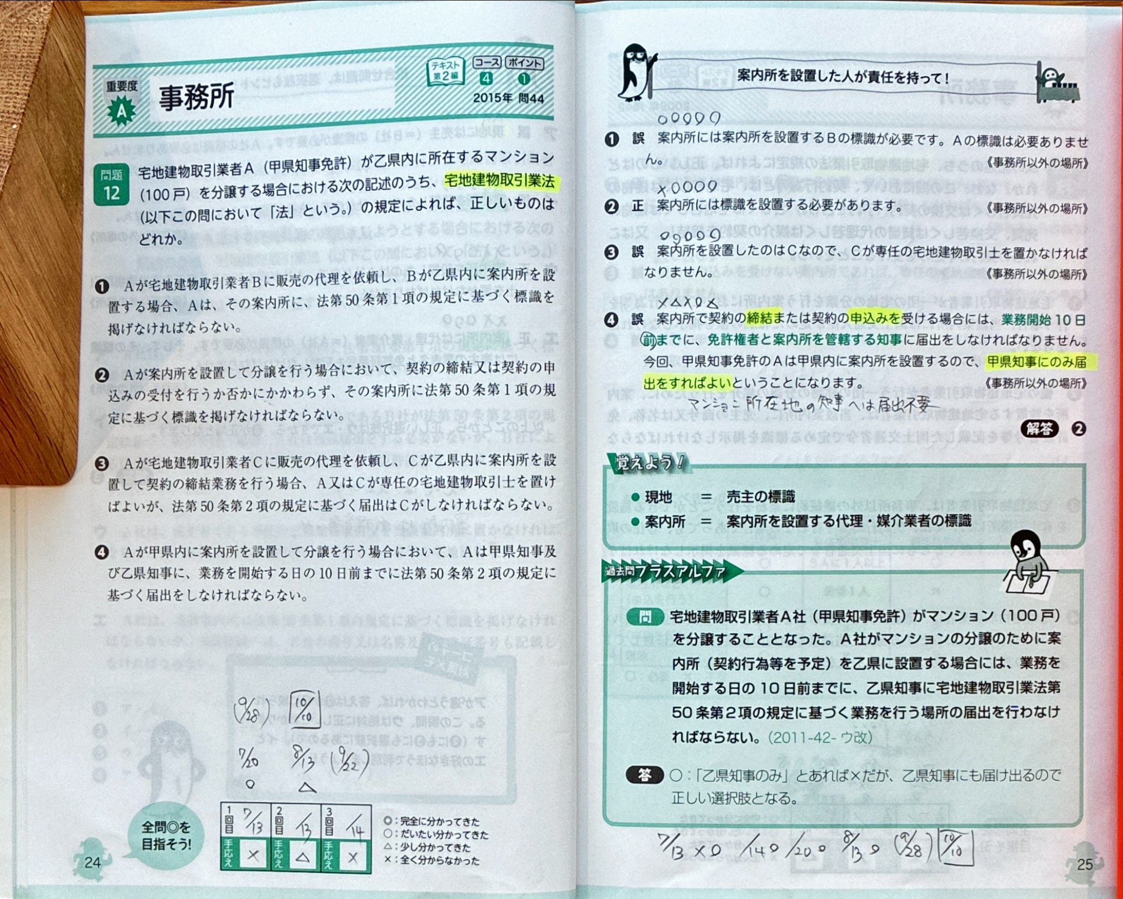分野別過去問題集に○△×と日付を記入した実際のページ